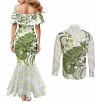 Green And White Hawaii Chameleon Couples Matching Mermaid Dress and Long Sleeve Button Shirt Plumeria Polynesian Tribal Art LT14 - Polynesian Pride