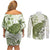 Green And White Hawaii Chameleon Couples Matching Off Shoulder Short Dress and Long Sleeve Button Shirt Plumeria Polynesian Tribal Art