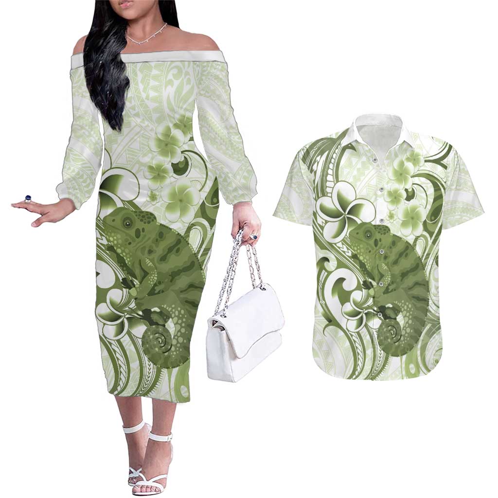 Green And White Hawaii Chameleon Couples Matching Off The Shoulder Long Sleeve Dress and Hawaiian Shirt Plumeria Polynesian Tribal Art LT14 Lime Green - Polynesian Pride