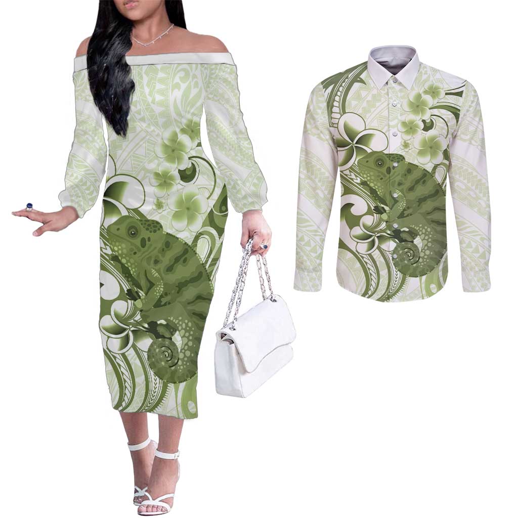 Green And White Hawaii Chameleon Couples Matching Off The Shoulder Long Sleeve Dress and Long Sleeve Button Shirt Plumeria Polynesian Tribal Art