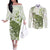 Green And White Hawaii Chameleon Couples Matching Off The Shoulder Long Sleeve Dress and Long Sleeve Button Shirt Plumeria Polynesian Tribal Art