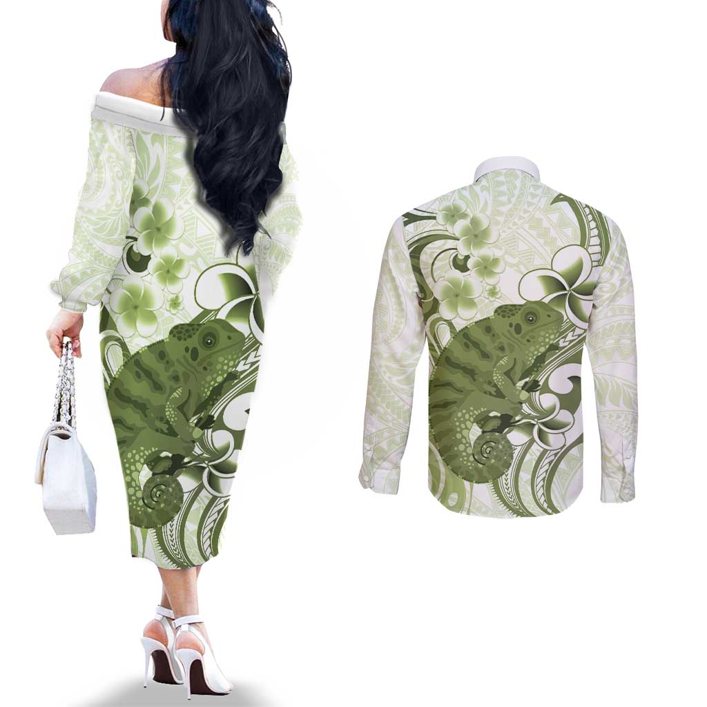 Green And White Hawaii Chameleon Couples Matching Off The Shoulder Long Sleeve Dress and Long Sleeve Button Shirt Plumeria Polynesian Tribal Art LT14 - Polynesian Pride