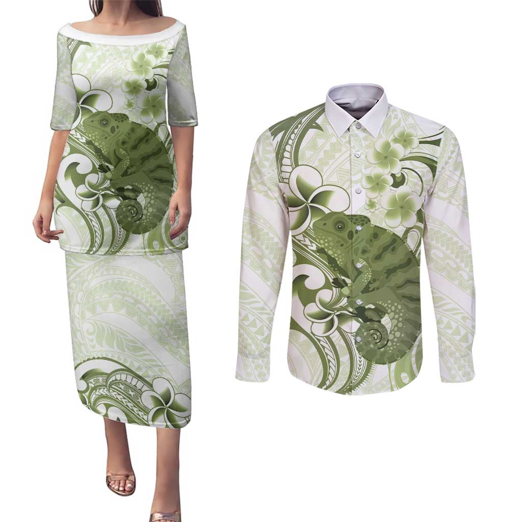 Green And White Hawaii Chameleon Couples Matching Puletasi and Long Sleeve Button Shirt Plumeria Polynesian Tribal Art LT14 Lime Green - Polynesian Pride