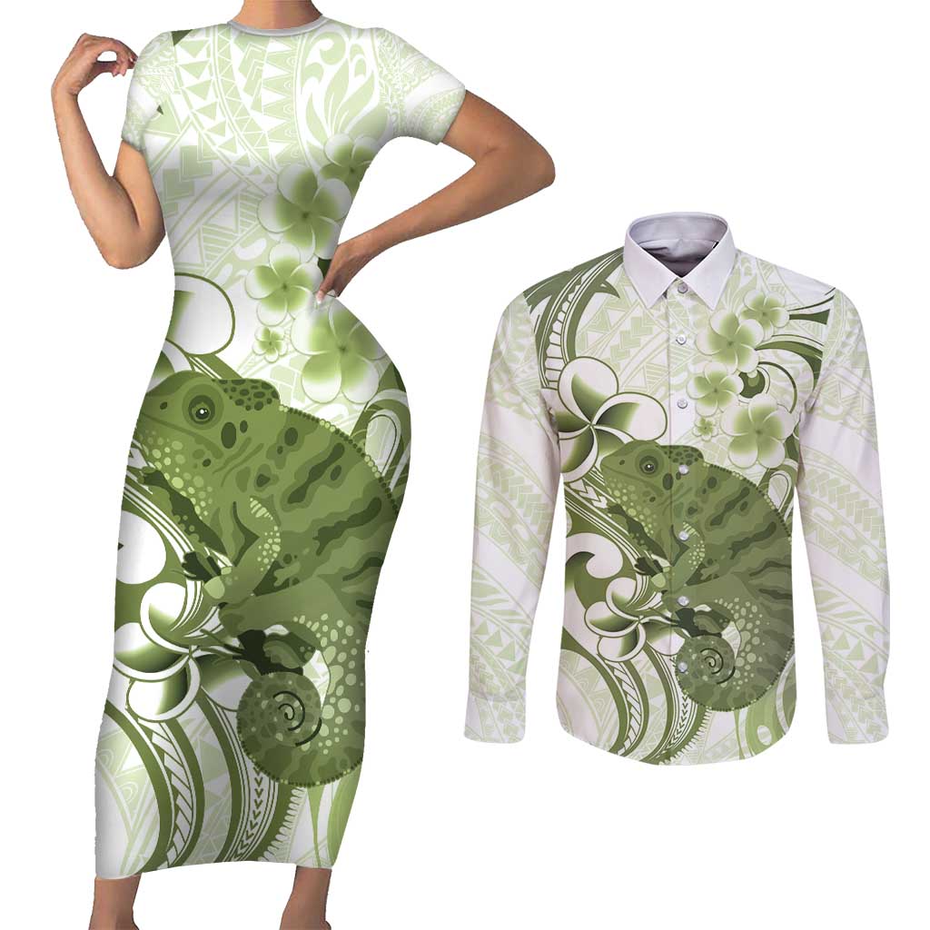 Green And White Hawaii Chameleon Couples Matching Short Sleeve Bodycon Dress and Long Sleeve Button Shirt Plumeria Polynesian Tribal Art