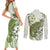 Green And White Hawaii Chameleon Couples Matching Short Sleeve Bodycon Dress and Long Sleeve Button Shirt Plumeria Polynesian Tribal Art