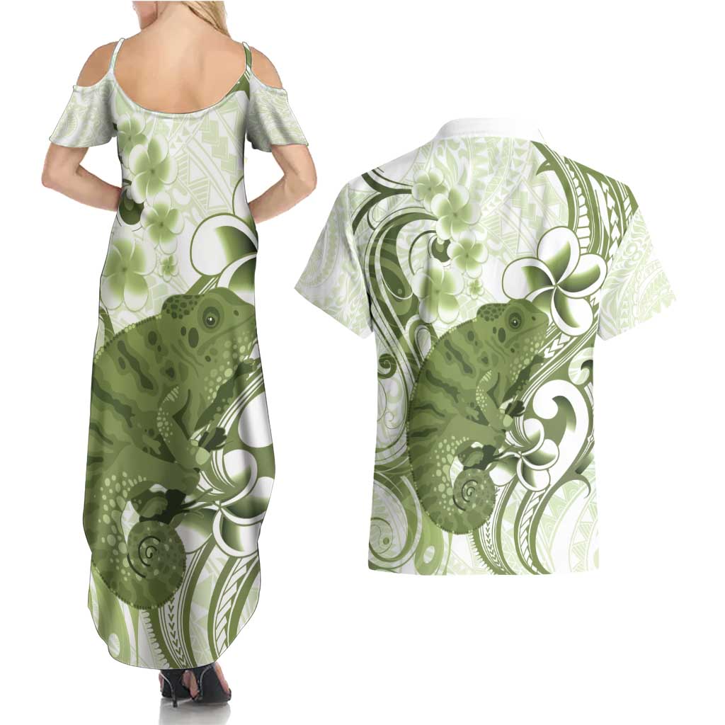 Green And White Hawaii Chameleon Couples Matching Summer Maxi Dress and Hawaiian Shirt Plumeria Polynesian Tribal Art LT14 - Polynesian Pride