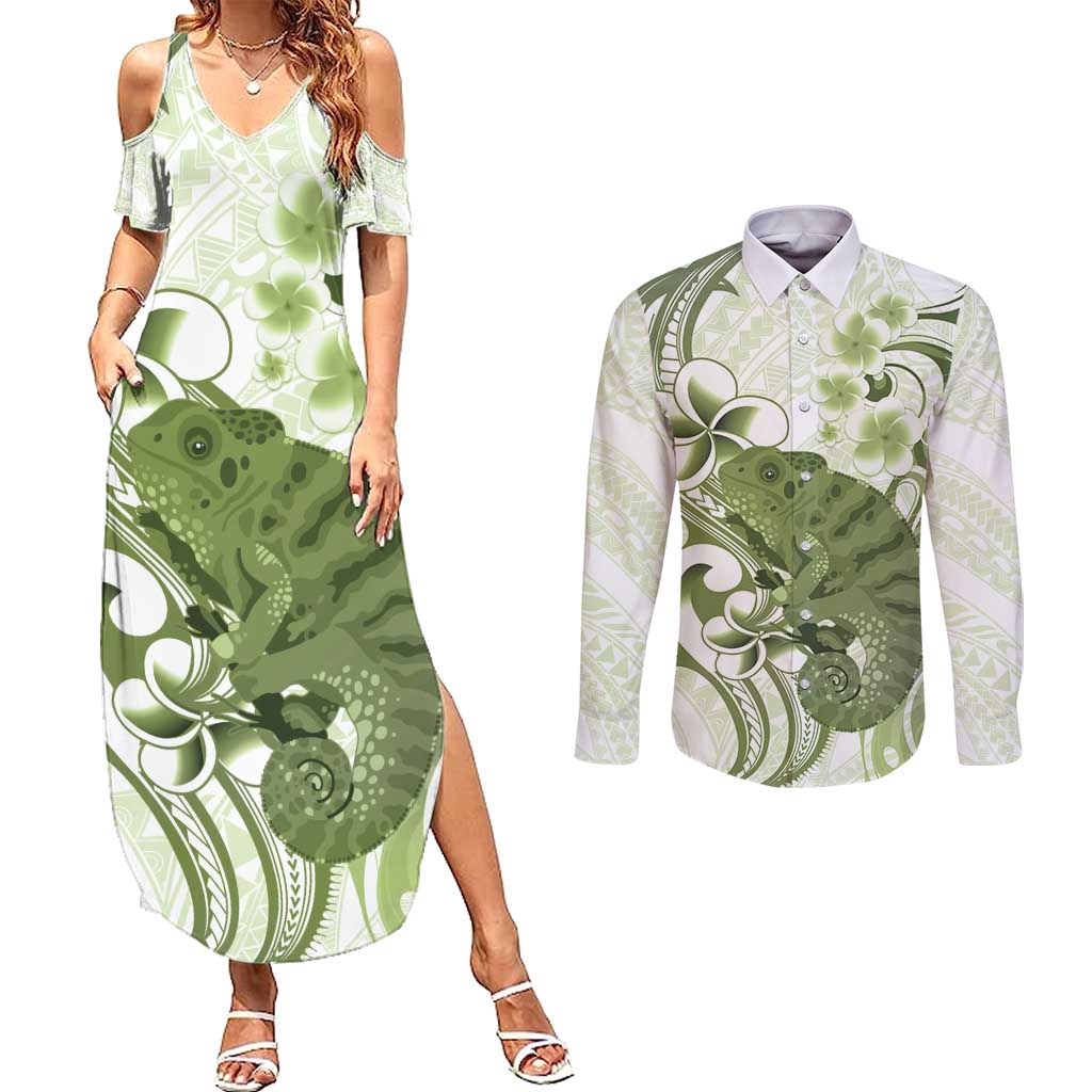 Green And White Hawaii Chameleon Couples Matching Summer Maxi Dress and Long Sleeve Button Shirt Plumeria Polynesian Tribal Art