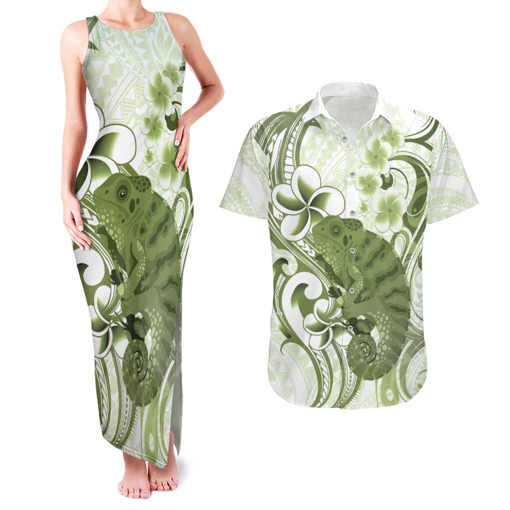 Green And White Hawaii Chameleon Couples Matching Tank Maxi Dress and Hawaiian Shirt Plumeria Polynesian Tribal Art LT14 Lime Green - Polynesian Pride