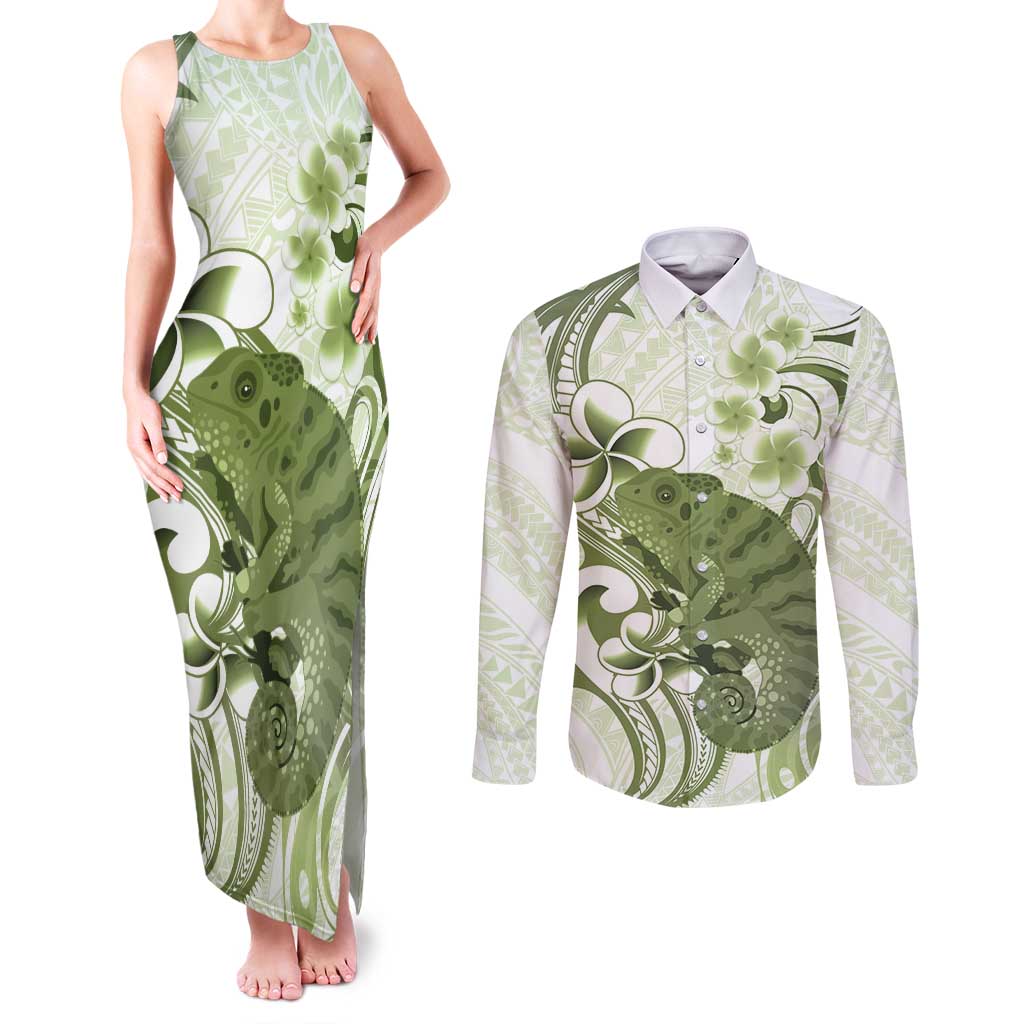 Green And White Hawaii Chameleon Couples Matching Tank Maxi Dress and Long Sleeve Button Shirt Plumeria Polynesian Tribal Art