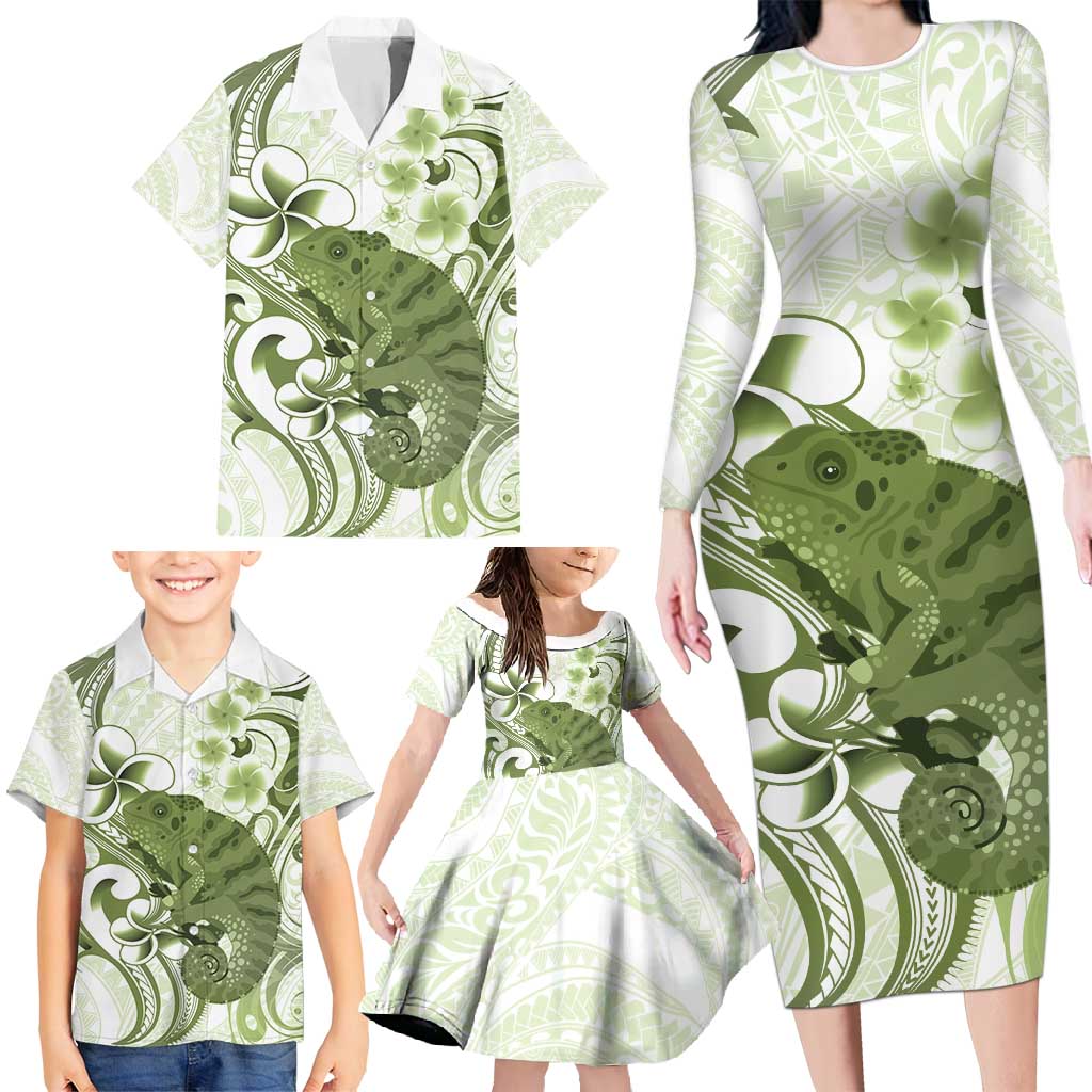 Green And White Hawaii Chameleon Family Matching Long Sleeve Bodycon Dress and Hawaiian Shirt Plumeria Polynesian Tribal Art LT14 - Polynesian Pride