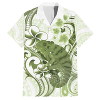 Green And White Hawaii Chameleon Family Matching Long Sleeve Bodycon Dress and Hawaiian Shirt Plumeria Polynesian Tribal Art LT14 Dad's Shirt - Short Sleeve Lime Green - Polynesian Pride