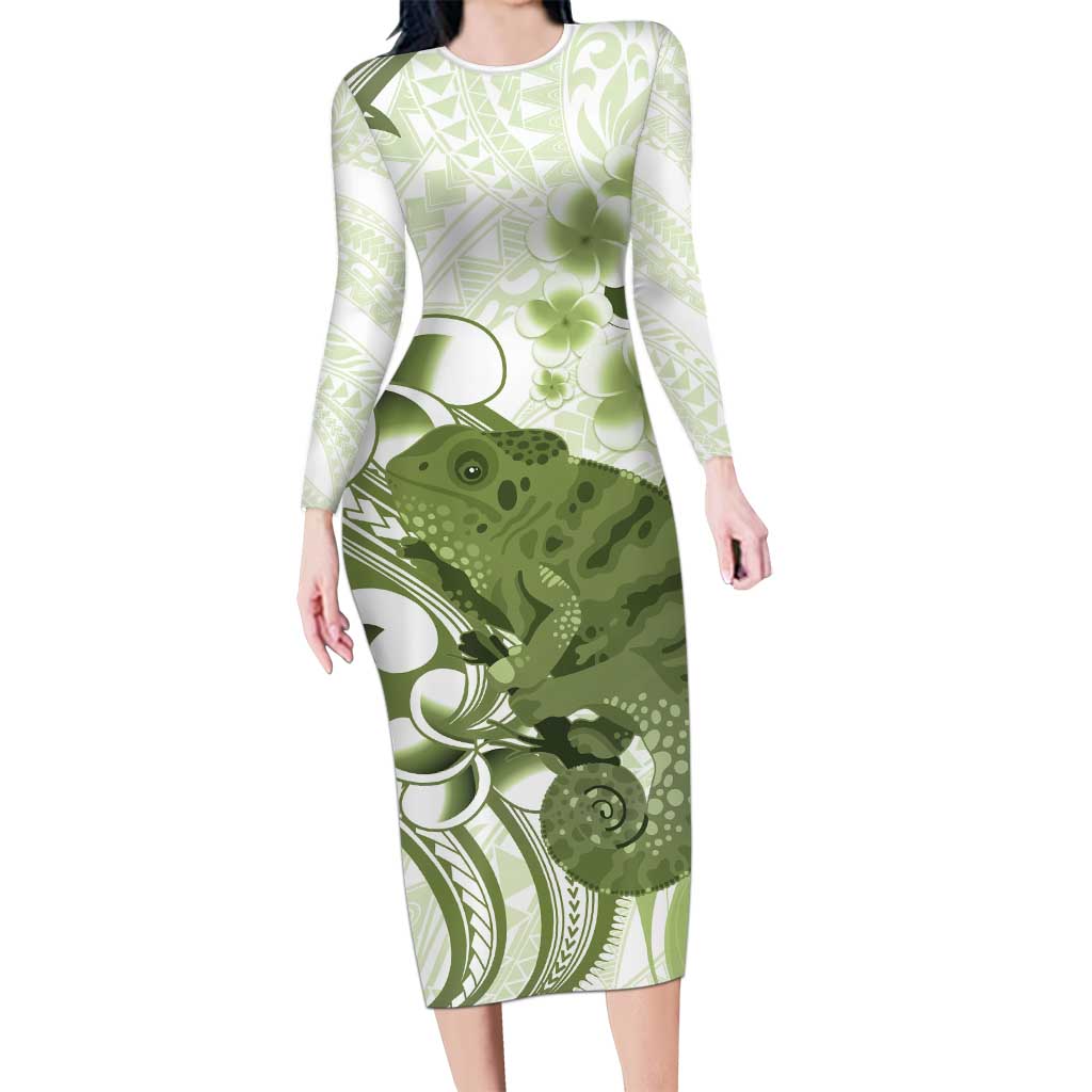 Green And White Hawaii Chameleon Family Matching Long Sleeve Bodycon Dress and Hawaiian Shirt Plumeria Polynesian Tribal Art LT14 Mom's Dress Lime Green - Polynesian Pride