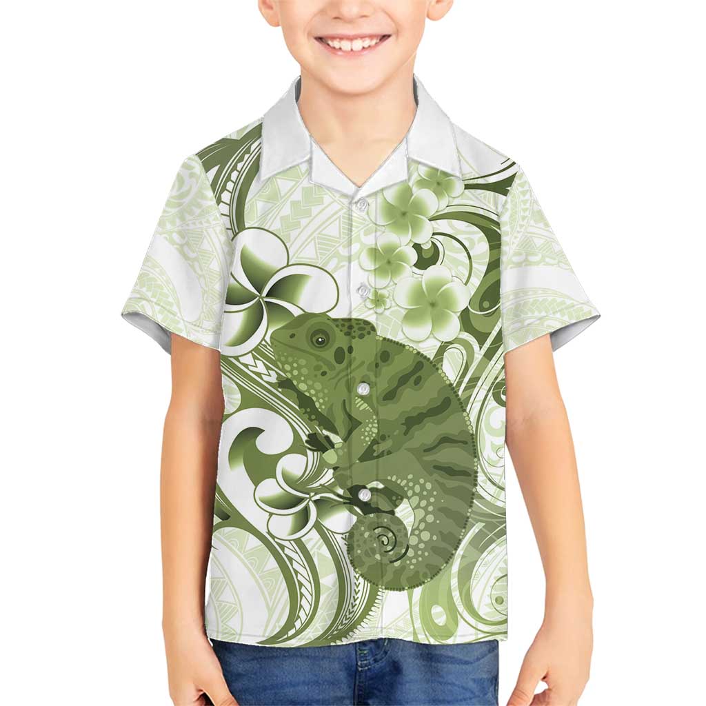 Green And White Hawaii Chameleon Family Matching Long Sleeve Bodycon Dress and Hawaiian Shirt Plumeria Polynesian Tribal Art LT14 Son's Shirt Lime Green - Polynesian Pride