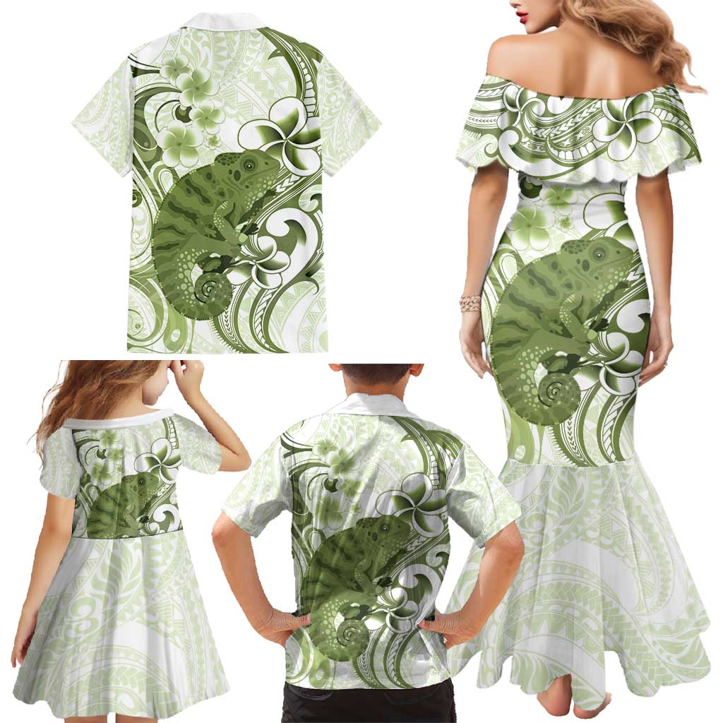 Green And White Hawaii Chameleon Family Matching Mermaid Dress and Hawaiian Shirt Plumeria Polynesian Tribal Art LT14 - Polynesian Pride