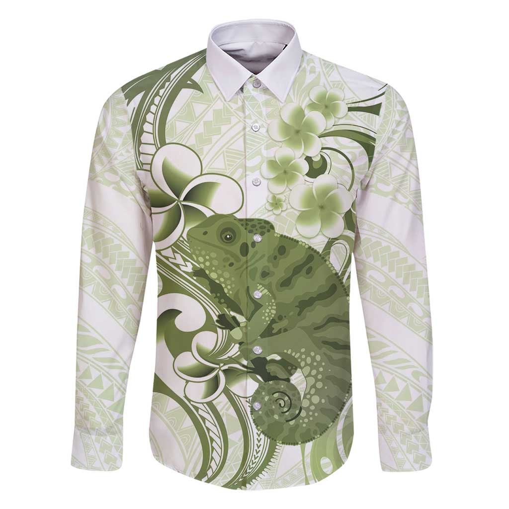 Green And White Hawaii Chameleon Family Matching Mermaid Dress and Hawaiian Shirt Plumeria Polynesian Tribal Art LT14 Dad's Shirt - Long Sleeve Lime Green - Polynesian Pride