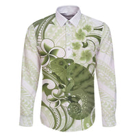 Green And White Hawaii Chameleon Family Matching Mermaid Dress and Hawaiian Shirt Plumeria Polynesian Tribal Art LT14 Dad's Shirt - Long Sleeve Lime Green - Polynesian Pride