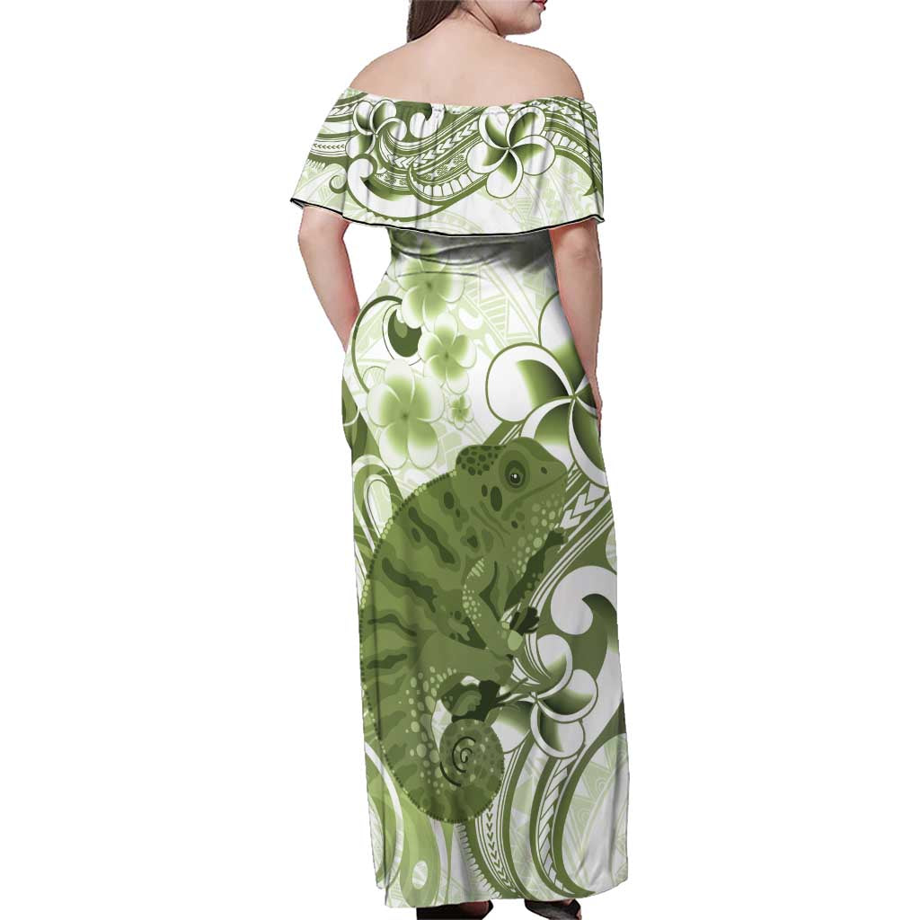 Green And White Hawaii Chameleon Family Matching Off Shoulder Maxi Dress and Hawaiian Shirt Plumeria Polynesian Tribal Art