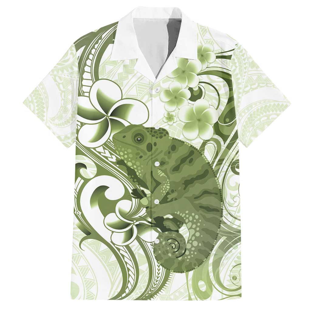 Green And White Hawaii Chameleon Family Matching Short Sleeve Bodycon Dress and Hawaiian Shirt Plumeria Polynesian Tribal Art LT14 Dad's Shirt - Short Sleeve Lime Green - Polynesian Pride