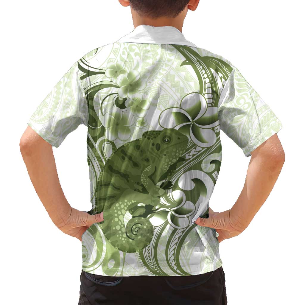 Green And White Hawaii Chameleon Family Matching Tank Maxi Dress and Hawaiian Shirt Plumeria Polynesian Tribal Art
