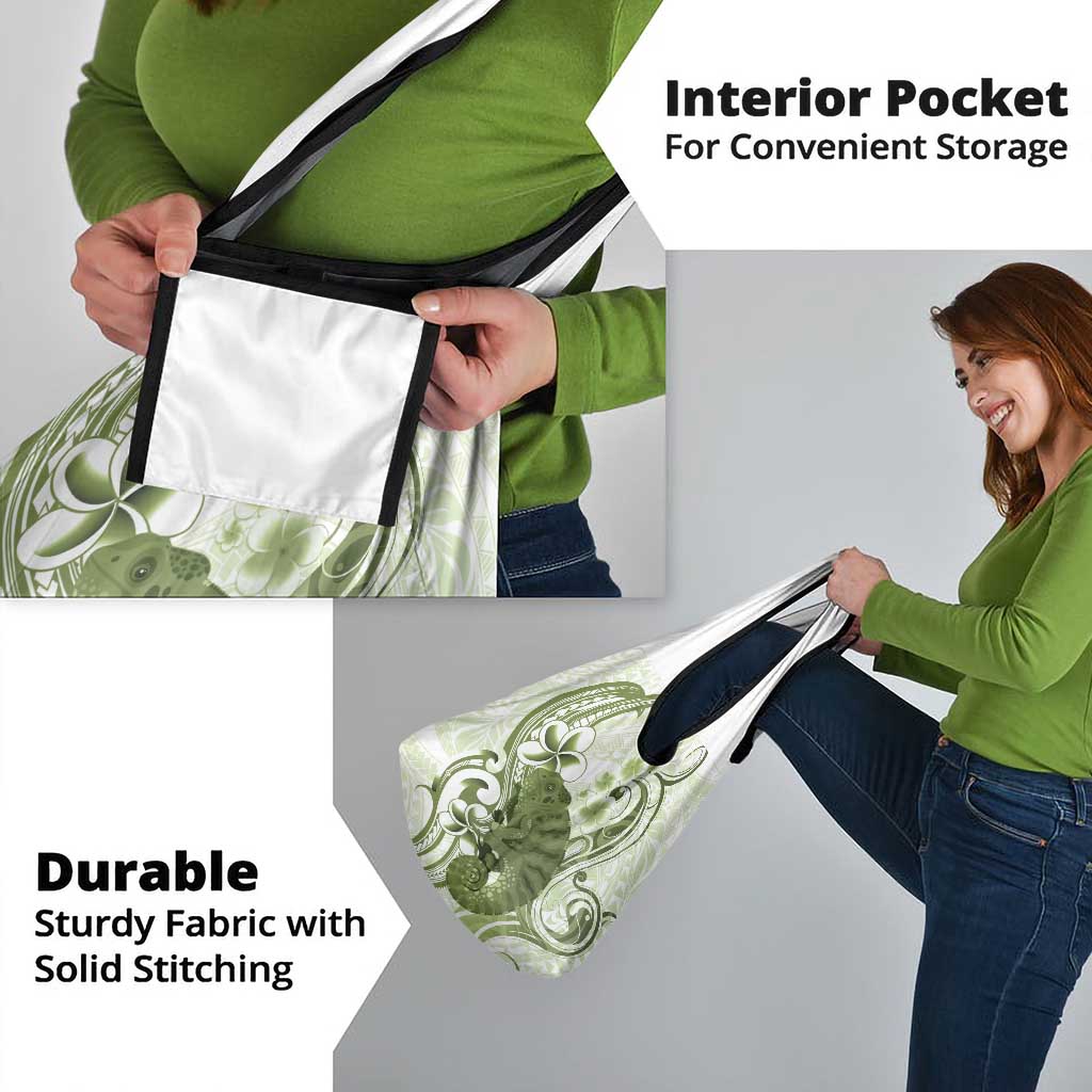 Green And White Hawaii Chameleon Grocery Bag Plumeria Polynesian Tribal Art