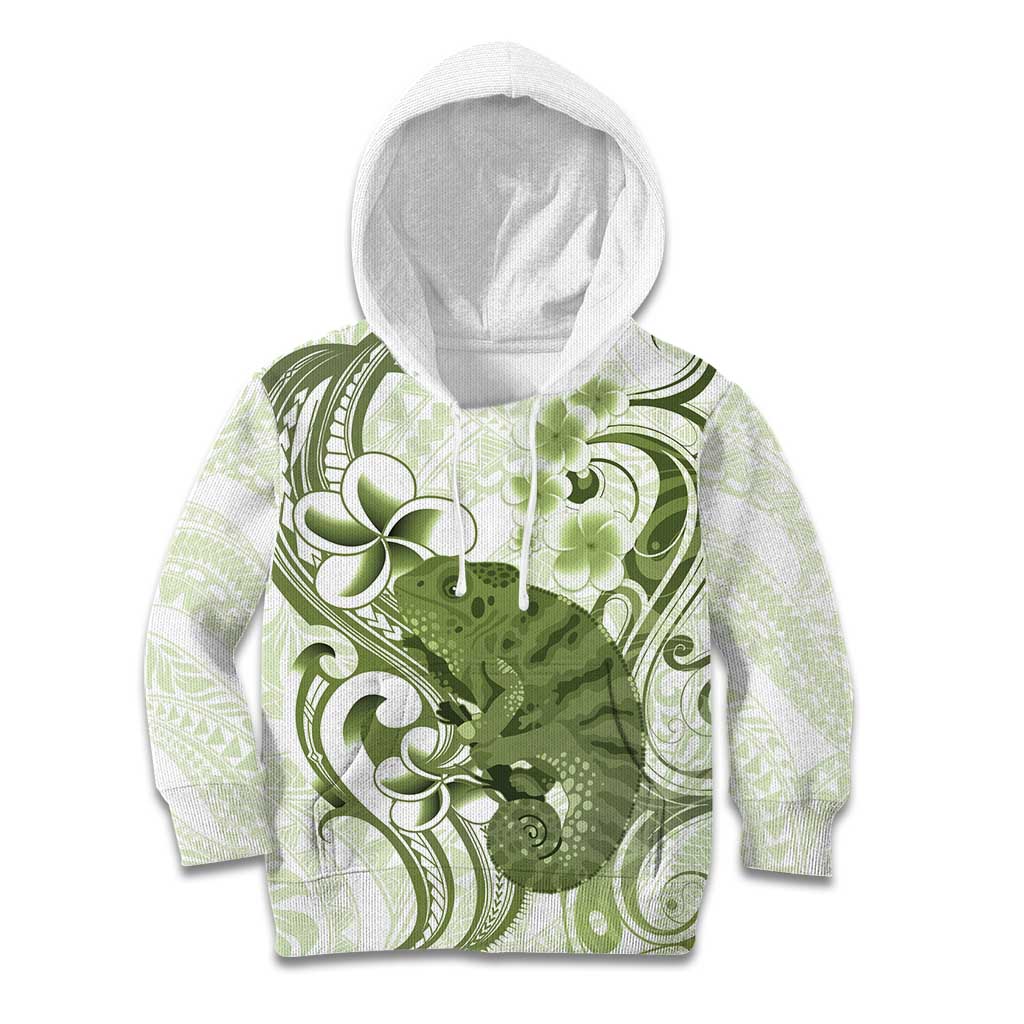 Green And White Hawaii Chameleon Kid Hoodie Plumeria Polynesian Tribal Art