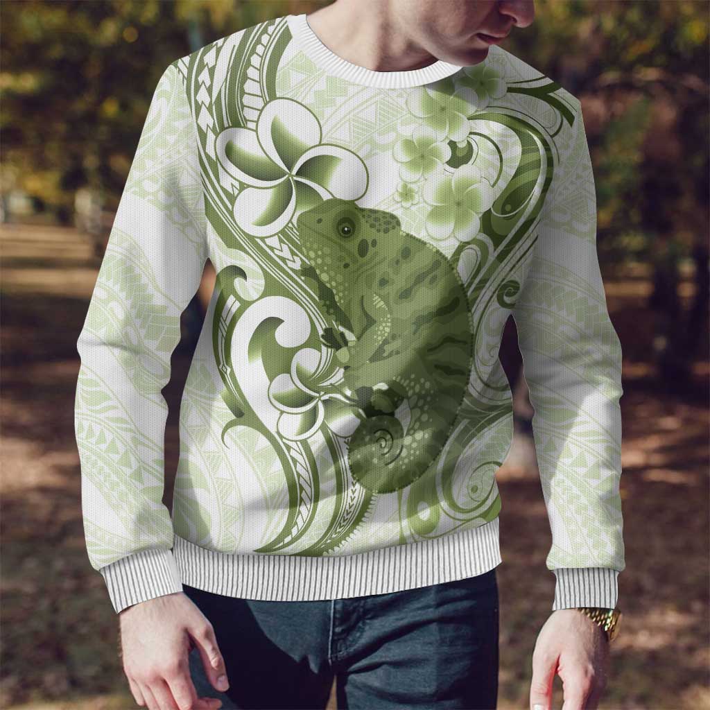 Green And White Hawaii Chameleon Ugly Christmas Sweater Plumeria Polynesian Tribal Art