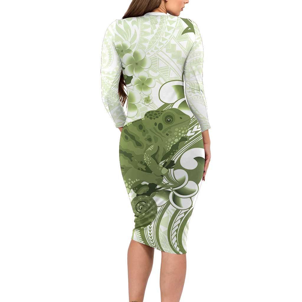 Green And White Hawaii Chameleon Long Sleeve Bodycon Dress Plumeria Polynesian Tribal Art