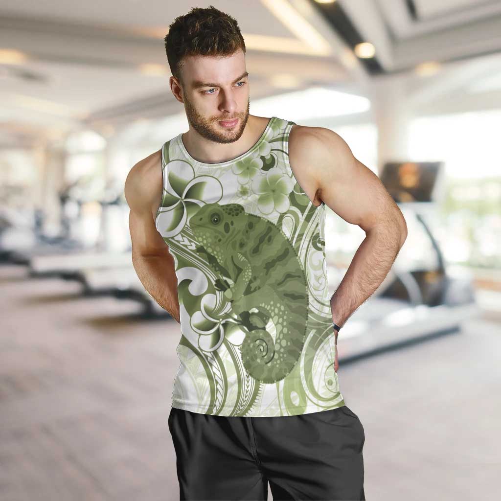 Green And White Hawaii Chameleon Men Tank Top Plumeria Polynesian Tribal Art