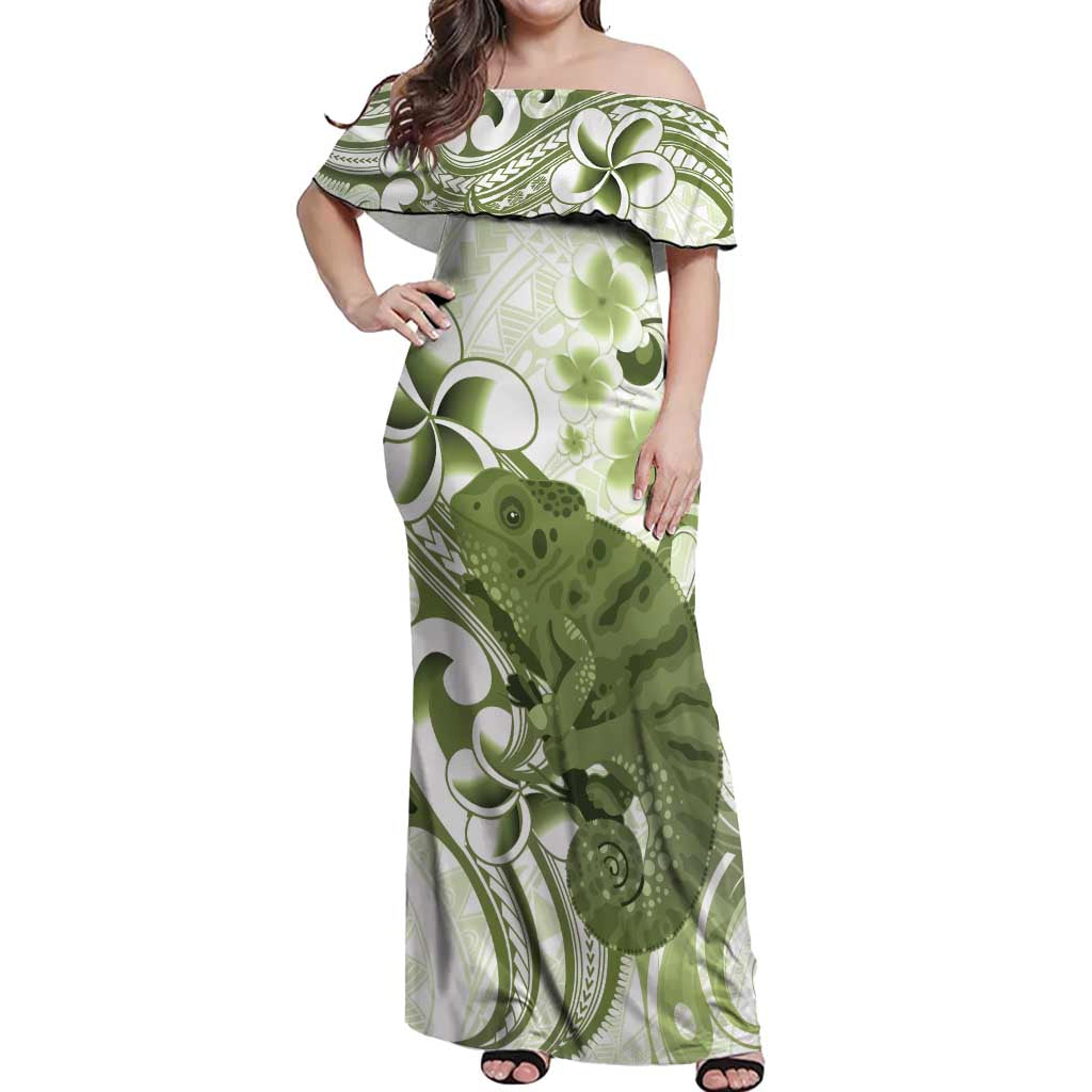 Green And White Hawaii Chameleon Off Shoulder Maxi Dress Plumeria Polynesian Tribal Art