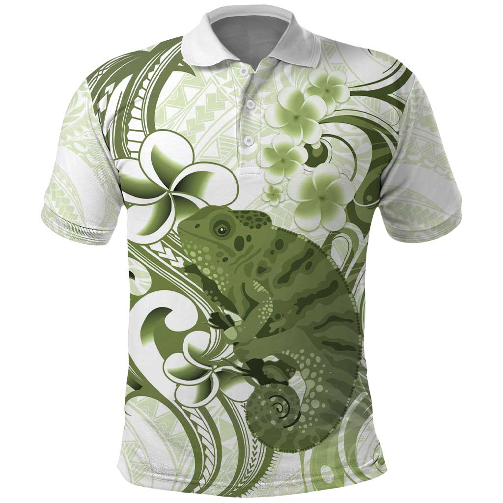 Green And White Hawaii Chameleon Polo Shirt Plumeria Polynesian Tribal Art