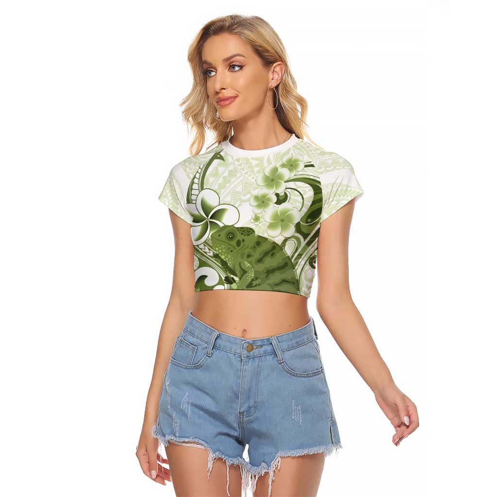 Green And White Hawaii Chameleon Raglan Cropped T Shirt Plumeria Polynesian Tribal Art