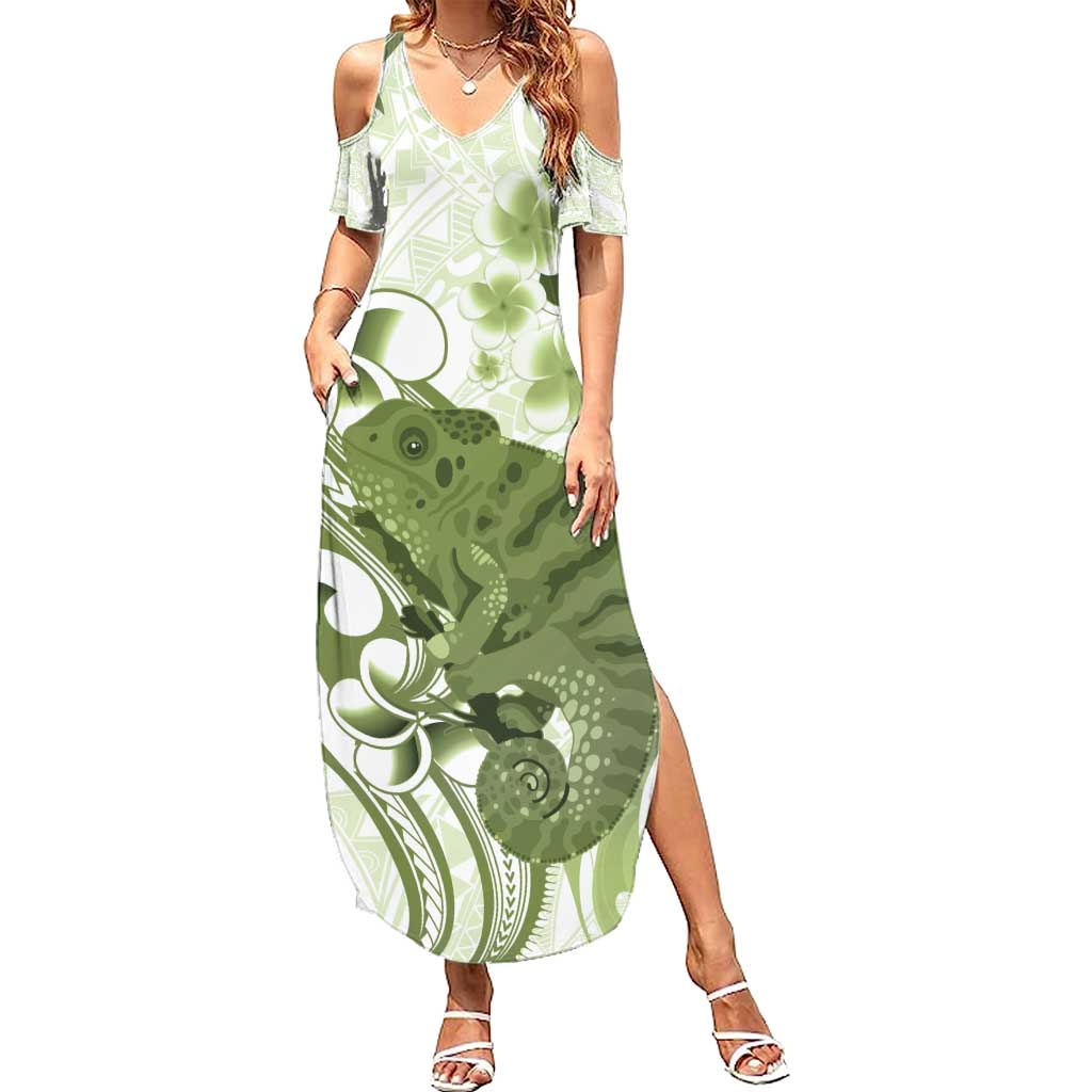 Green And White Hawaii Chameleon Summer Maxi Dress Plumeria Polynesian Tribal Art