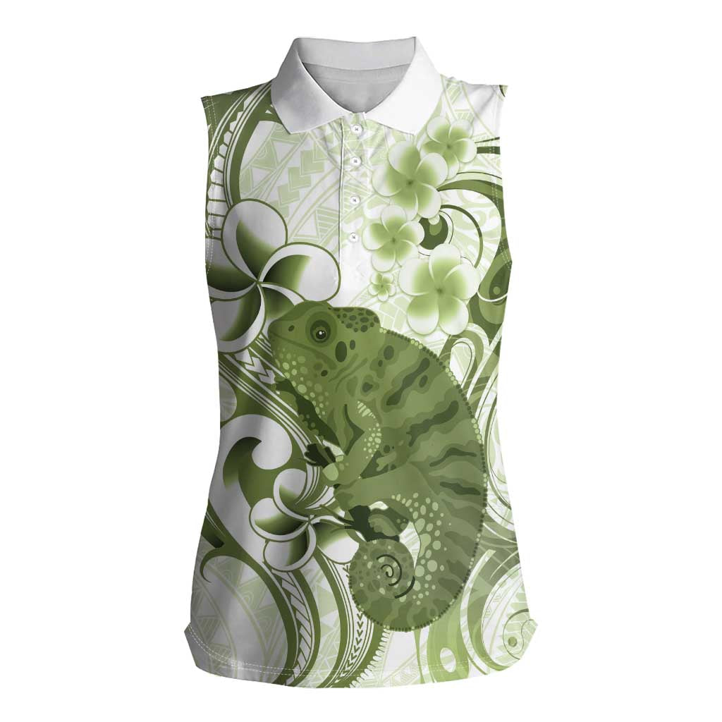 Green And White Hawaii Chameleon Women Sleeveless Polo Shirt Plumeria Polynesian Tribal Art