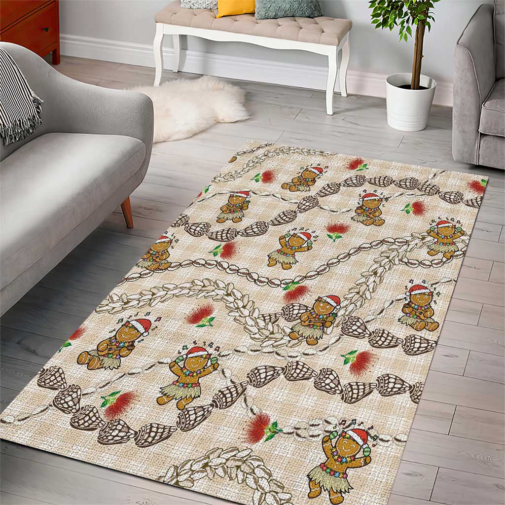 Beige Palaka Hawaii Mele Kalikimaka Area Rug Ohia Lehua Shell Leis Funny Gingerbread Santa - Polynesian Pride