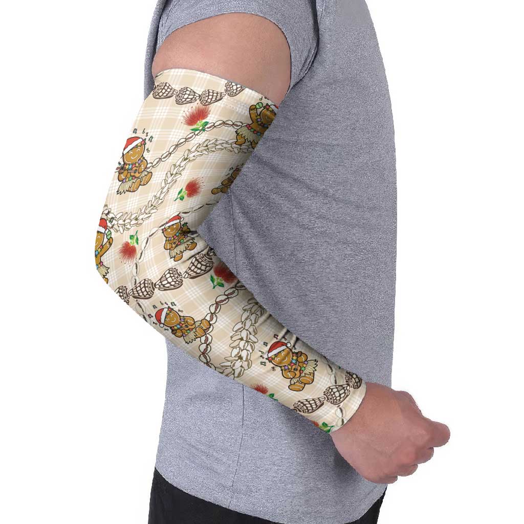 Beige Palaka Hawaii Mele Kalikimaka Arm Sleeves Ohia Lehua Shell Leis Funny Gingerbread Santa - Polynesian Pride