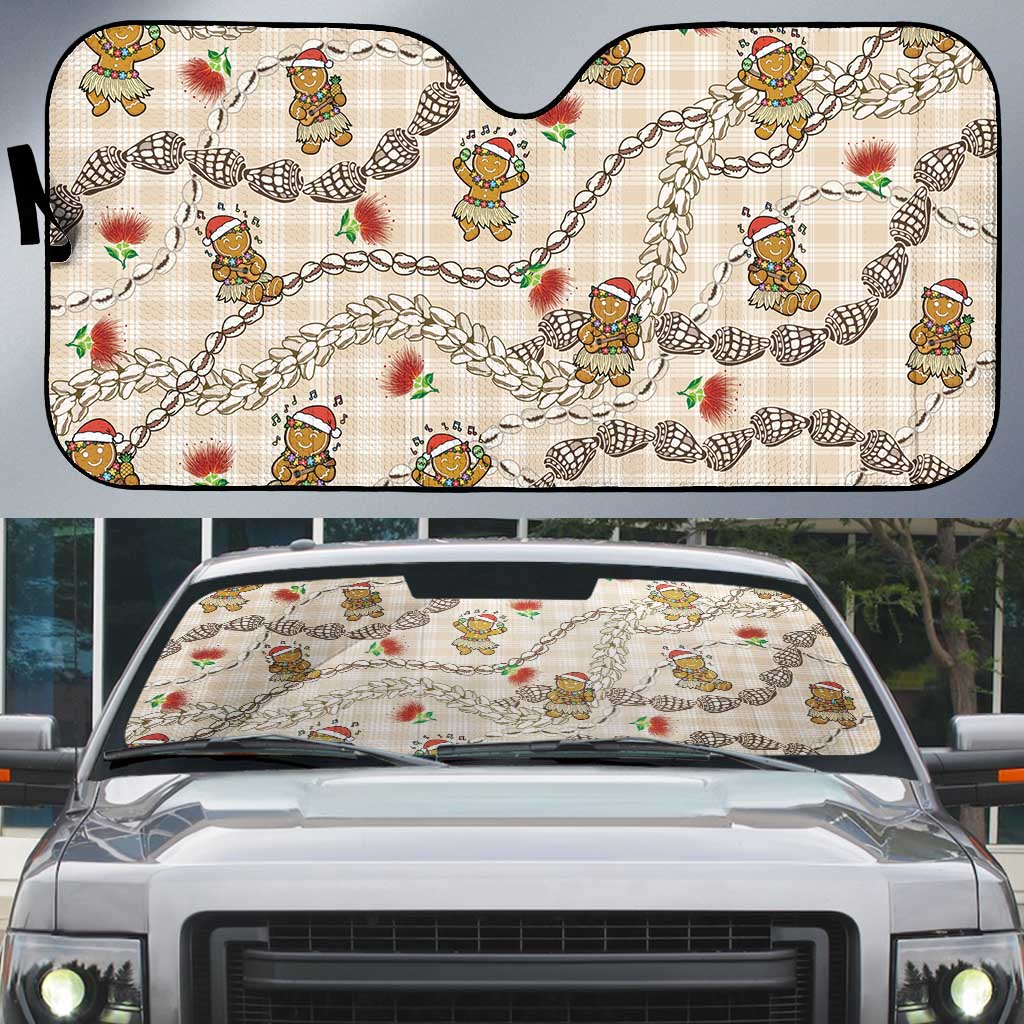 Beige Palaka Hawaii Mele Kalikimaka Auto Sun Shade Ohia Lehua Shell Leis Funny Gingerbread Santa - Polynesian Pride