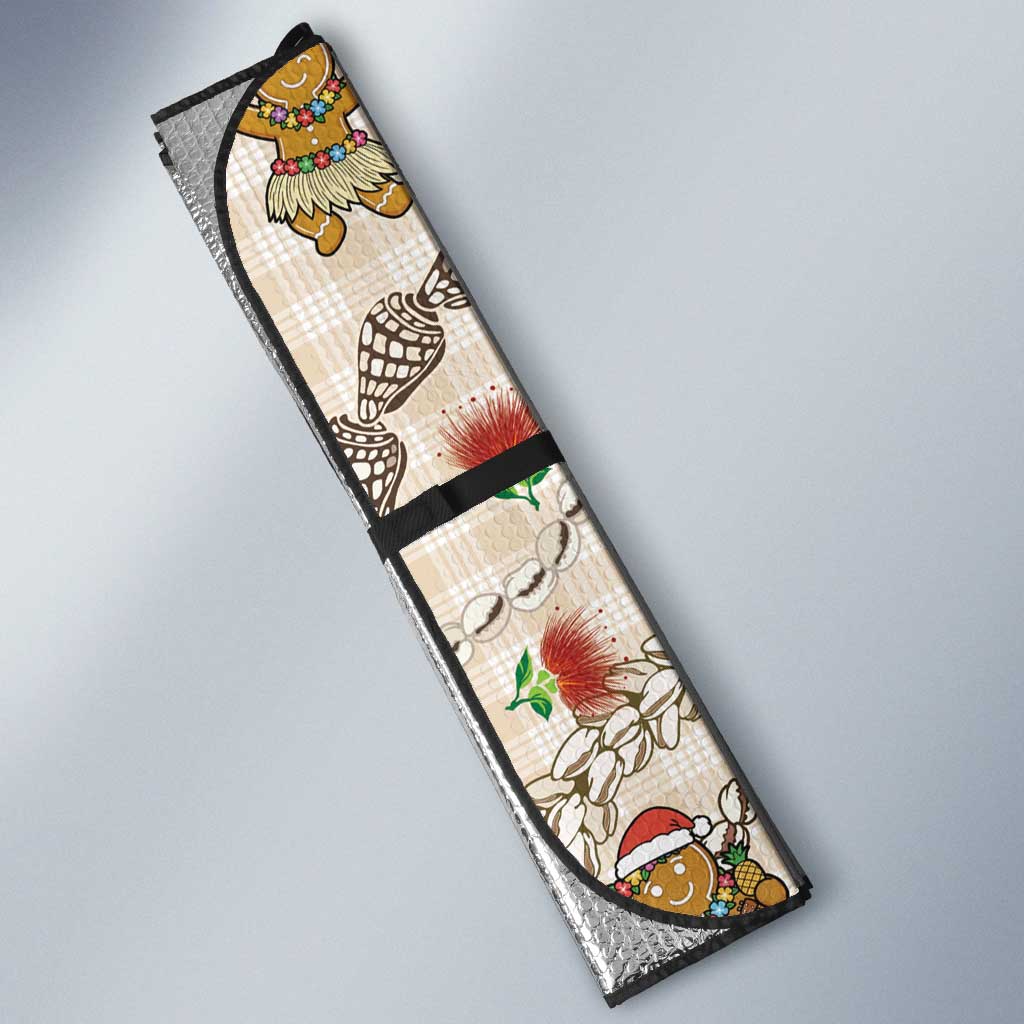 Beige Palaka Hawaii Mele Kalikimaka Auto Sun Shade Ohia Lehua Shell Leis Funny Gingerbread Santa - Polynesian Pride