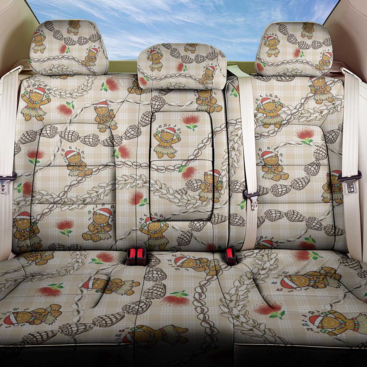 Beige Palaka Hawaii Mele Kalikimaka Back Car Seat Cover Ohia Lehua Shell Leis Funny Gingerbread Santa - Polynesian Pride