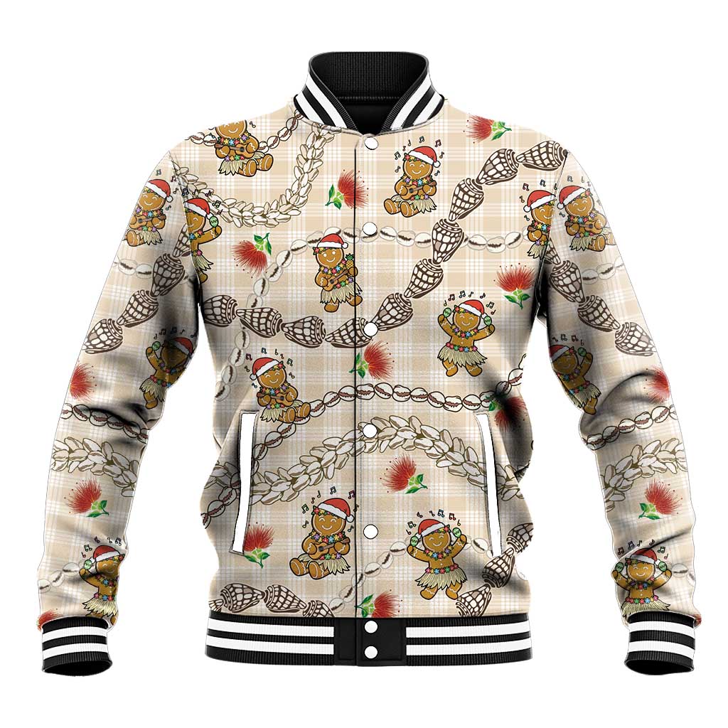 Beige Palaka Hawaii Mele Kalikimaka Baseball Jacket Ohia Lehua Shell Leis Funny Gingerbread Santa - Polynesian Pride
