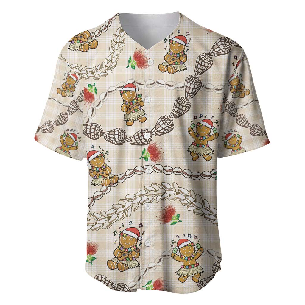 Beige Palaka Hawaii Mele Kalikimaka Baseball Jersey Ohia Lehua Shell Leis Funny Gingerbread Santa - Polynesian Pride