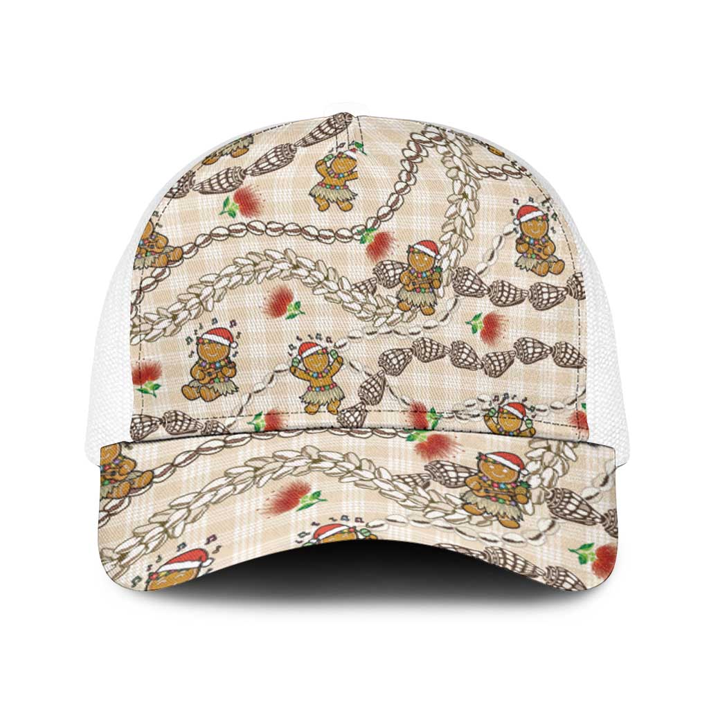 Beige Palaka Hawaii Mele Kalikimaka Baseball Net Cap Ohia Lehua Shell Leis Funny Gingerbread Santa - Polynesian Pride