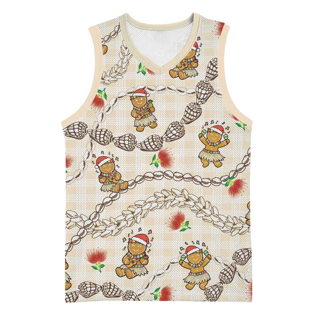 Beige Palaka Hawaii Mele Kalikimaka Basketball Jersey Ohia Lehua Shell Leis Funny Gingerbread Santa - Polynesian Pride
