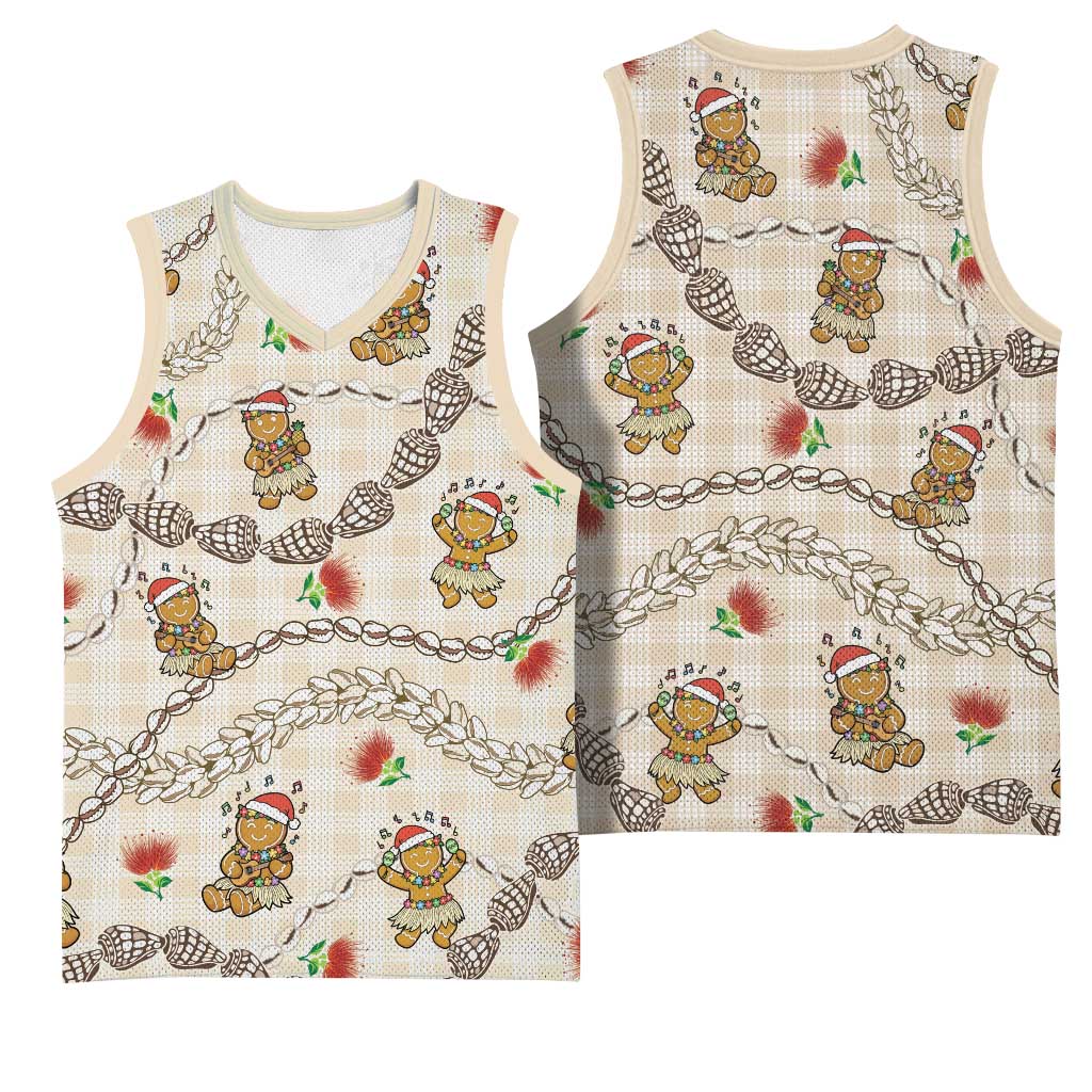 Beige Palaka Hawaii Mele Kalikimaka Basketball Jersey Ohia Lehua Shell Leis Funny Gingerbread Santa - Polynesian Pride