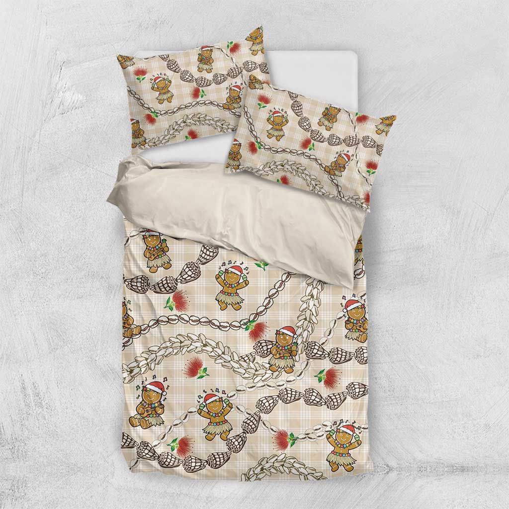 Beige Palaka Hawaii Mele Kalikimaka Bedding Set Ohia Lehua Shell Leis Funny Gingerbread Santa - Polynesian Pride