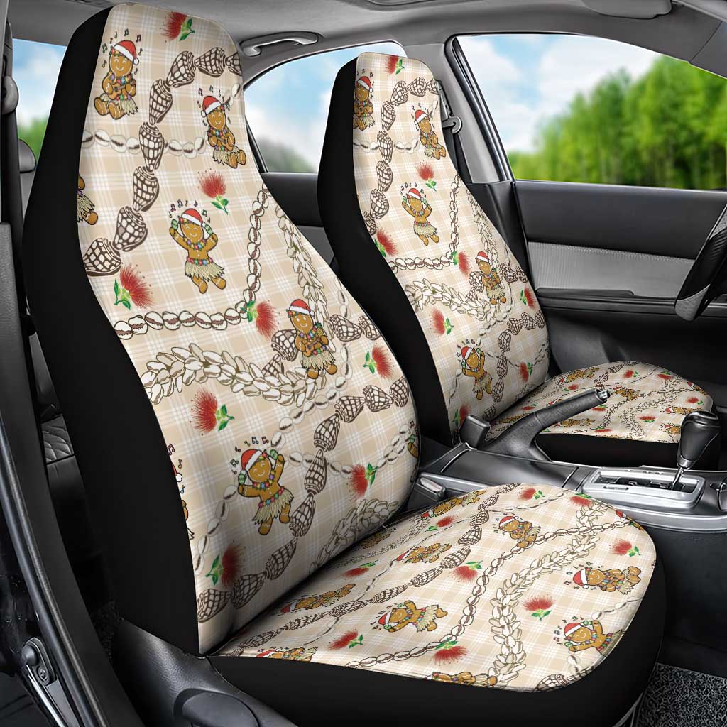 Beige Palaka Hawaii Mele Kalikimaka Car Seat Cover Ohia Lehua Shell Leis Funny Gingerbread Santa - Polynesian Pride
