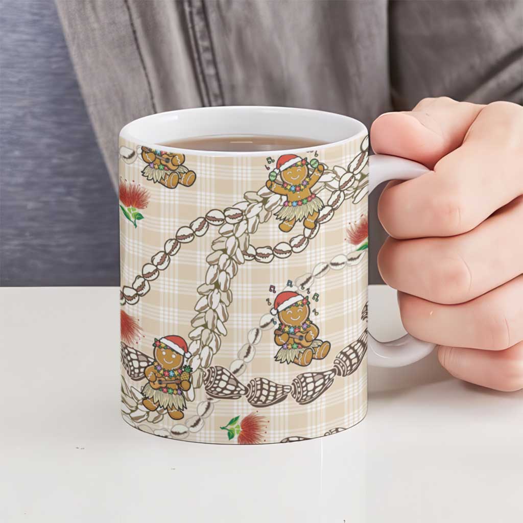 Beige Palaka Hawaii Mele Kalikimaka Ceramic Mug Ohia Lehua Shell Leis Funny Gingerbread Santa - Polynesian Pride