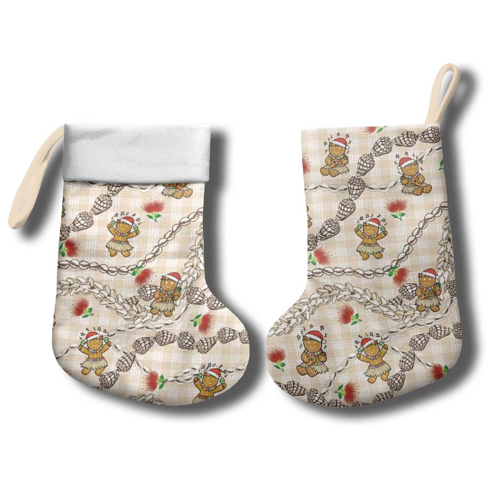 Beige Palaka Hawaii Mele Kalikimaka Christmas Stocking Ohia Lehua Shell Leis Funny Gingerbread Santa - Polynesian Pride