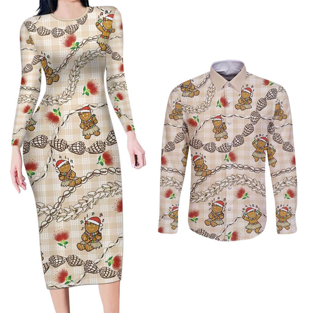 Beige Palaka Hawaii Mele Kalikimaka Couples Matching Long Sleeve Bodycon Dress and Long Sleeve Button Shirt Ohia Lehua Shell Leis Funny Gingerbread Santa - Polynesian Pride
