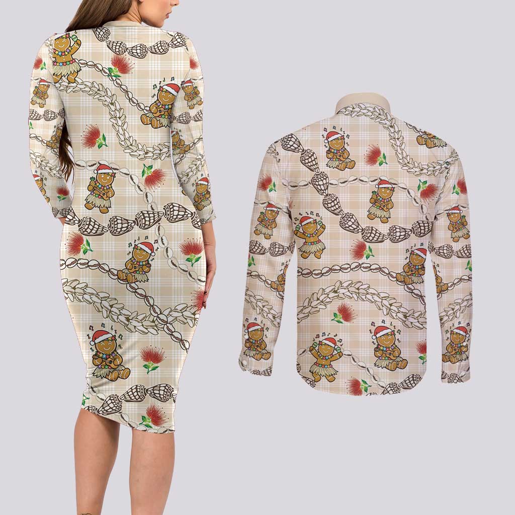 Beige Palaka Hawaii Mele Kalikimaka Couples Matching Long Sleeve Bodycon Dress and Long Sleeve Button Shirt Ohia Lehua Shell Leis Funny Gingerbread Santa - Polynesian Pride