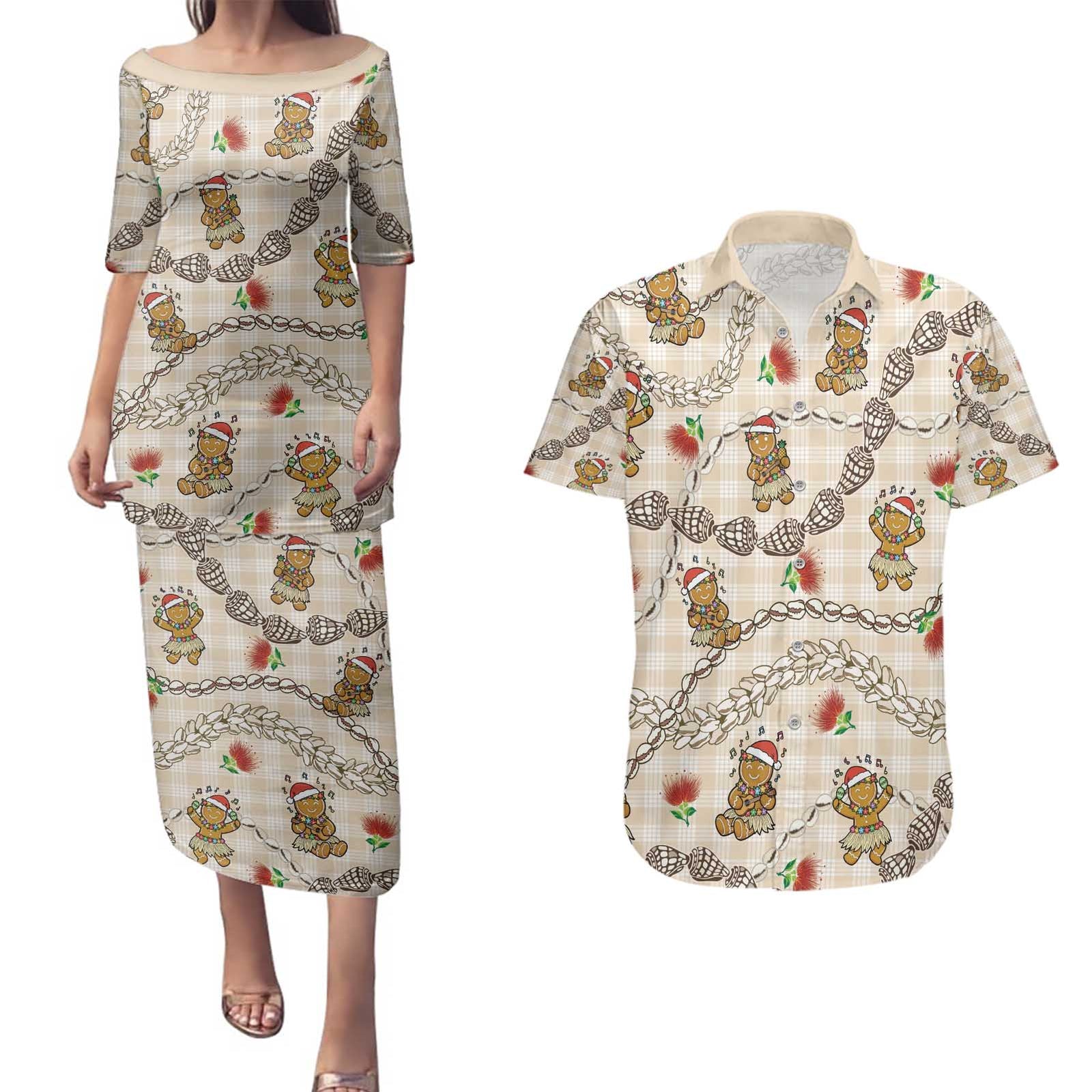 Beige Palaka Hawaii Mele Kalikimaka Couples Matching Puletasi and Hawaiian Shirt Ohia Lehua Shell Leis Funny Gingerbread Santa - Polynesian Pride